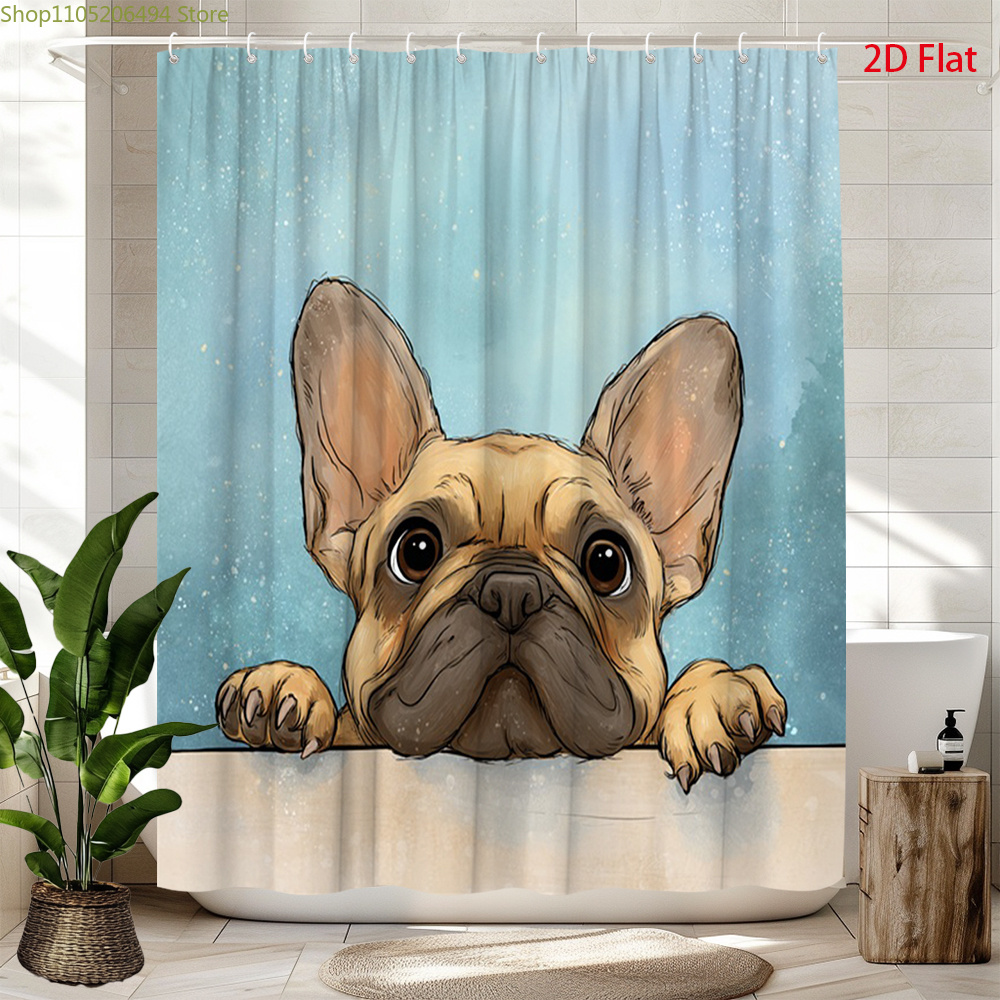 Home Bathroom Design Ideas - Urocza zasłona prysznicowa z buldogiem francuskim,