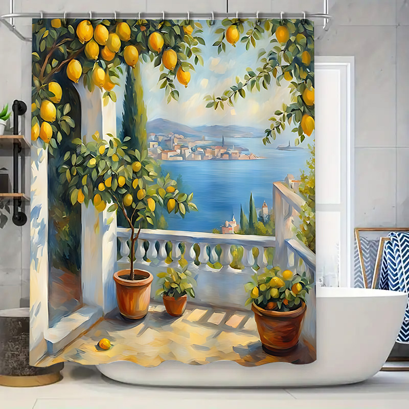 Home Bathroom Design Ideas - Zasłona prysznicowa z motywem śródziemnomorskiego ogrodu