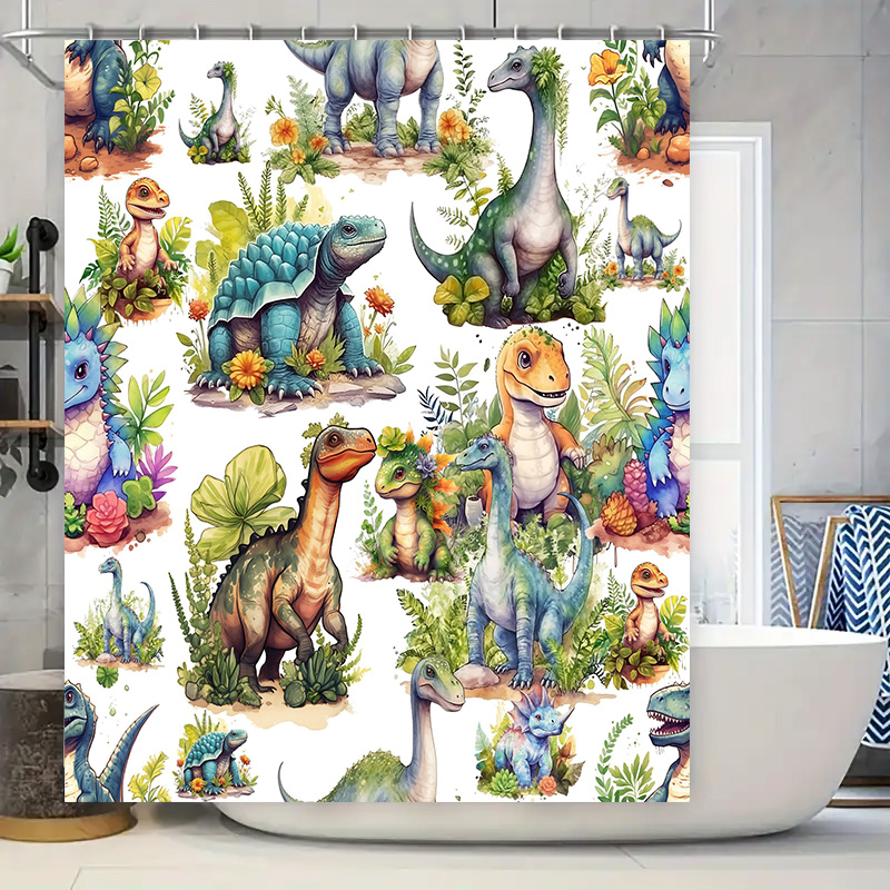 Home Bathroom Design Ideas - Kolorowa zasłona prysznicowa z dinozaurem: Prehistoryczny