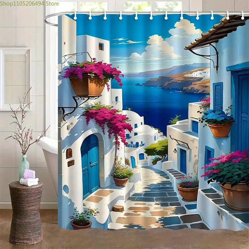 Home Bathroom Design Ideas - Zasłona prysznicowa Santorini, grecka wyspa, niebiesko-biały